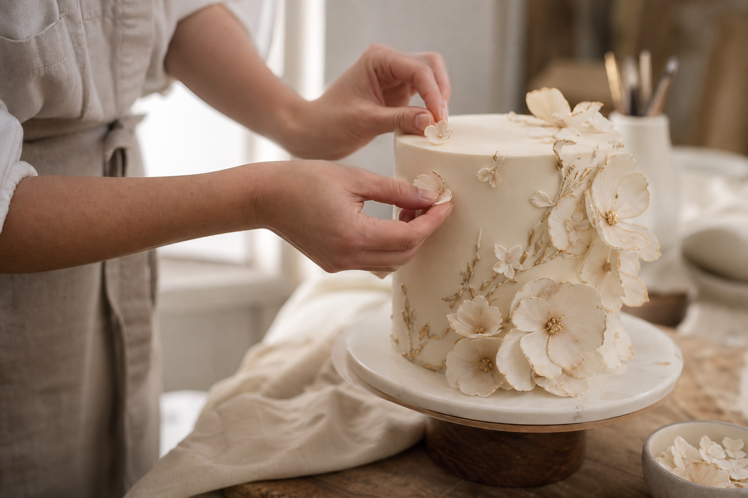 Cake artist placing a handmade sugar flower on an ivory cake