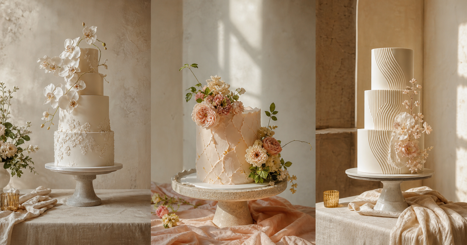 Tall ivory wedding cake adorned with white orchids