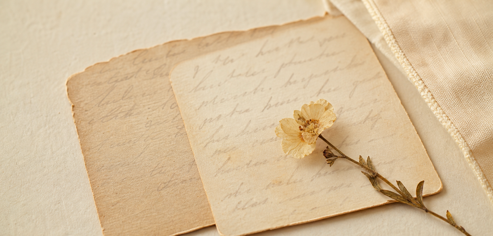 Two aged recipe cards with a pressed flower, a symbolic archival tribute